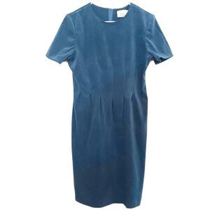Vintage halmode petites dress womens 6p blue velvet midi short sleeve sheath